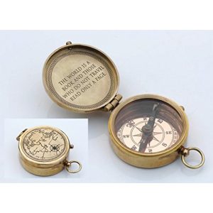 Roorkee Instruments India Survival Compass 1 ROORKEE INSTRUMENTS (INDIA) A NAUTICAL REPRODUCTION HOUSE Best Gift for Traveler Man The World is a Book. Quote Solid Brass Compass with Leather Case